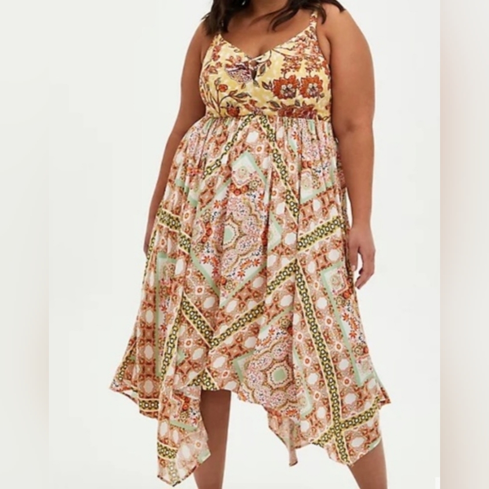 Torrid Yellow Floral Paisley Midi Challis Bohemian Handkerchief Dress Size 2X